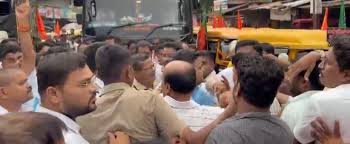 BJP and Thackeray Shiv Sena workers face off in a procession on the occasion of Narli Purnima in Kudal town